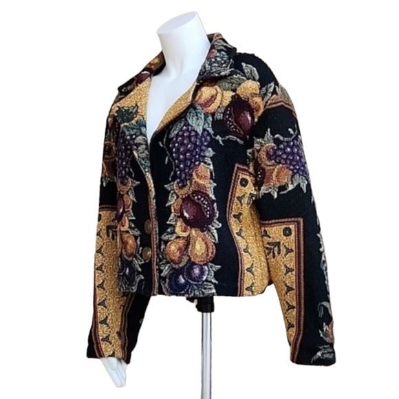 VINTAGE PACO SOLER Thick Brocade Jacket M L Tapestry Tuscan Fruits Crop Blazer - Picture 8 of 15